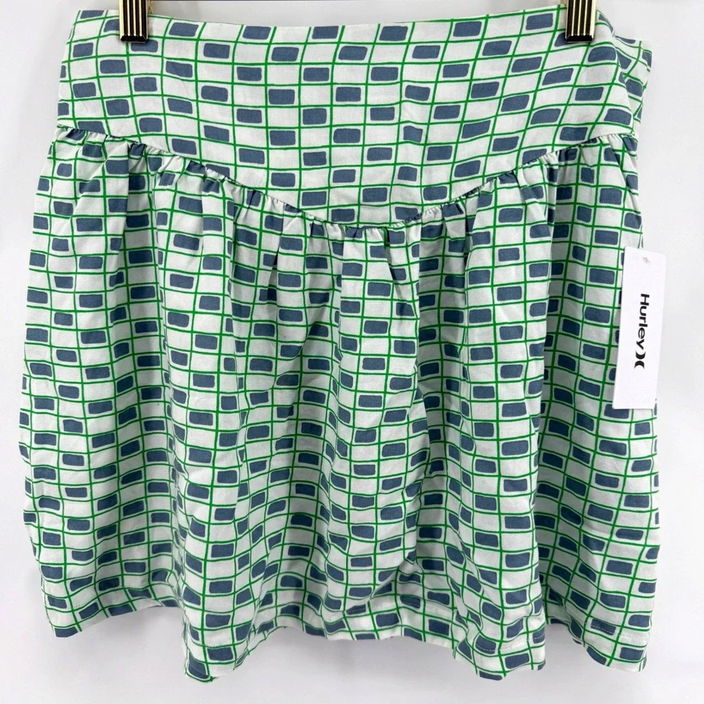 Hurley Mini Skirt Womens XL Blue Green NEW Geometric Smocked Back Logo Cool